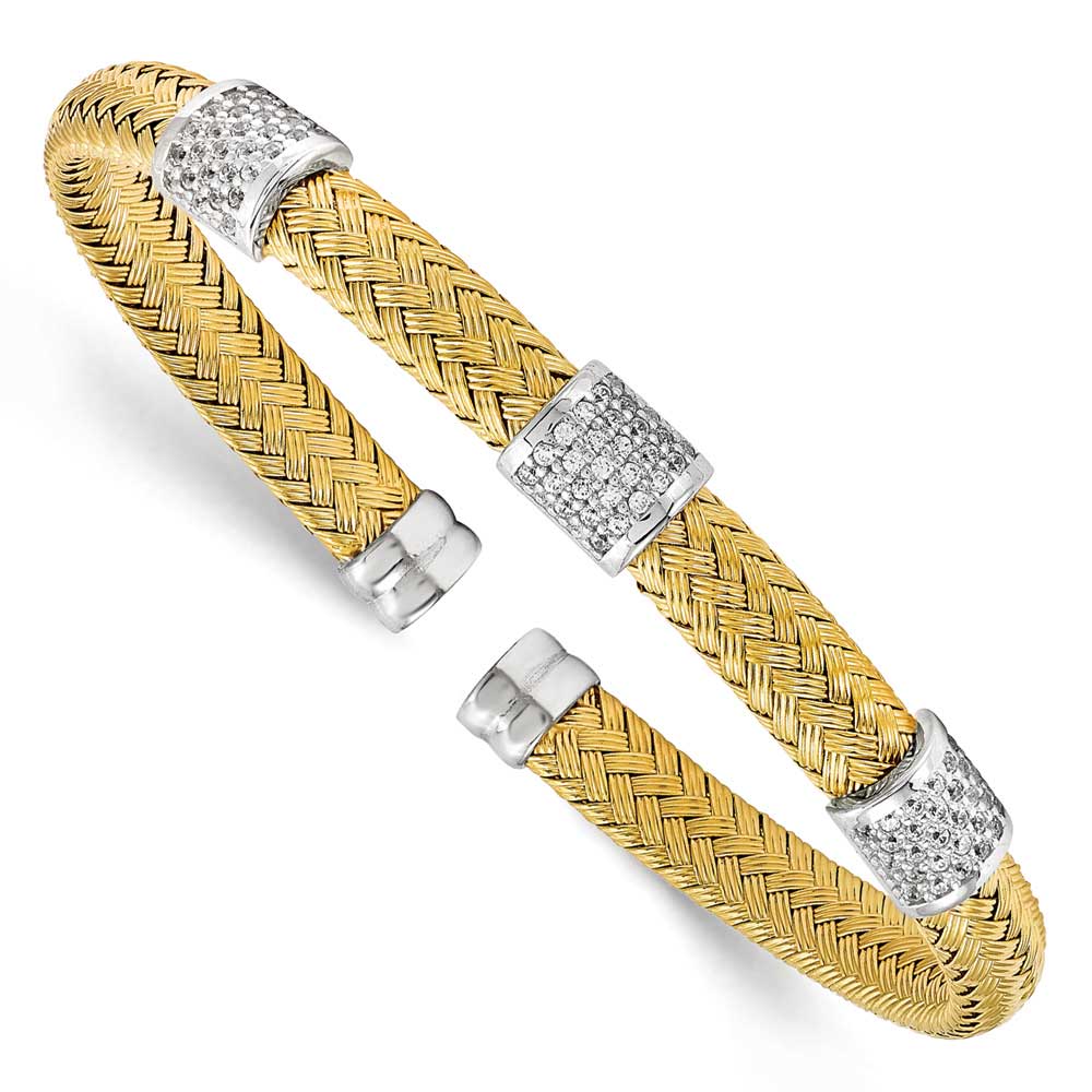 Sterling Silver Rhodium Plated Gold Plated Cz Woven Flexible Cuff Precious Accents Ltd