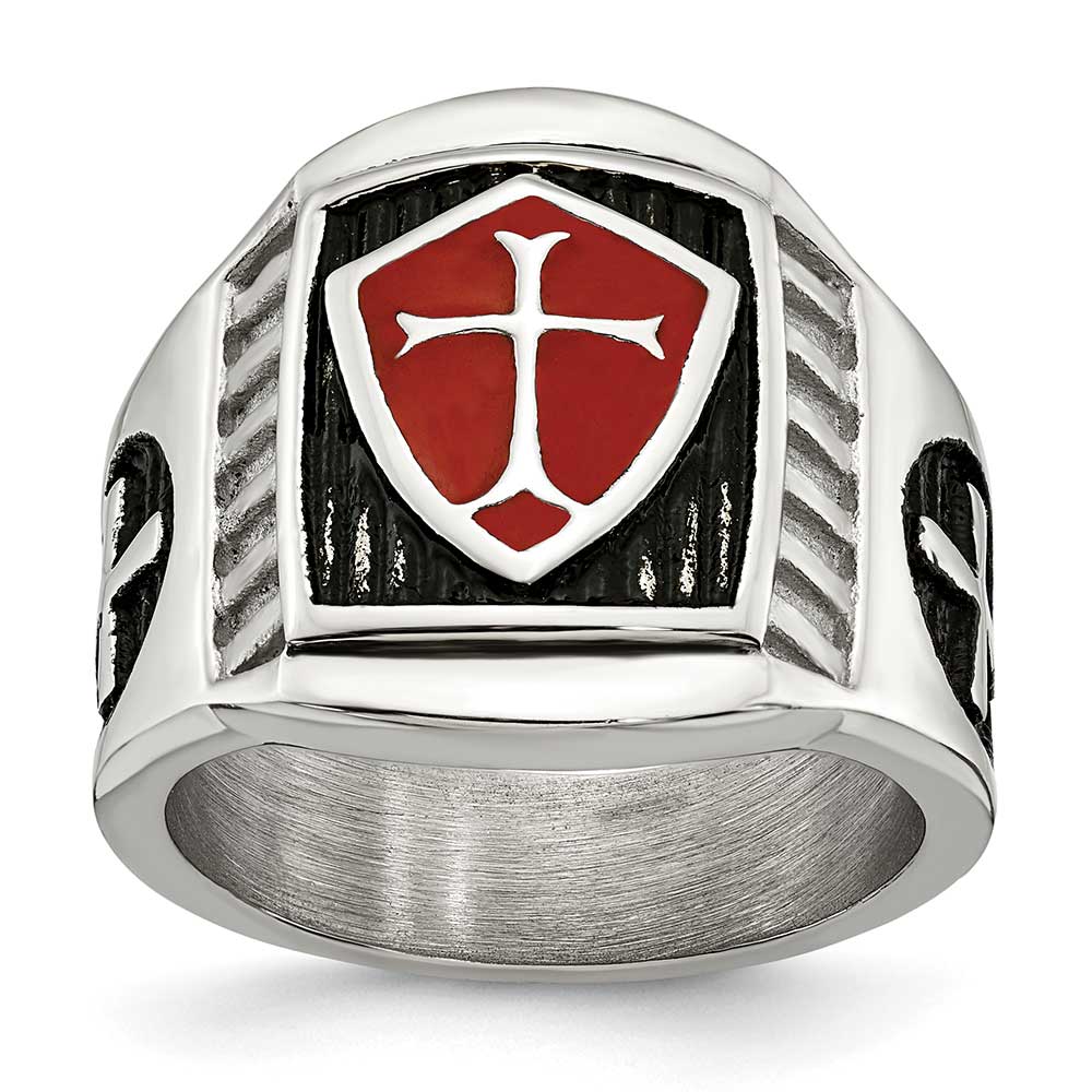 Stainless Steel Antiqued and Polished w/Red Enamel Cross/Shield Ring ...