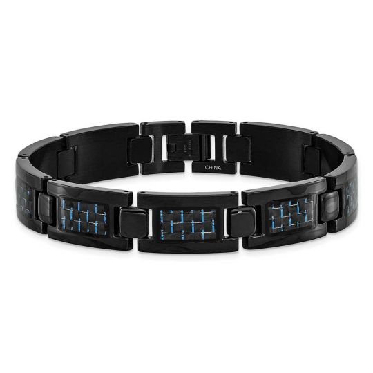 Stainless Steel Polished Black IP-plated w/Blue Carbon Fiber Inlay Bracelet