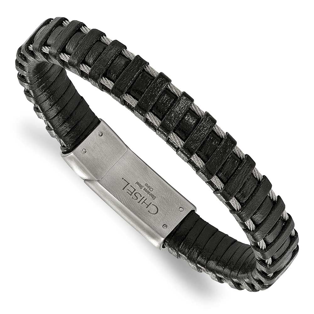 Stainless Steel Brushed Cable and Black Leather 8.5in Bracelet