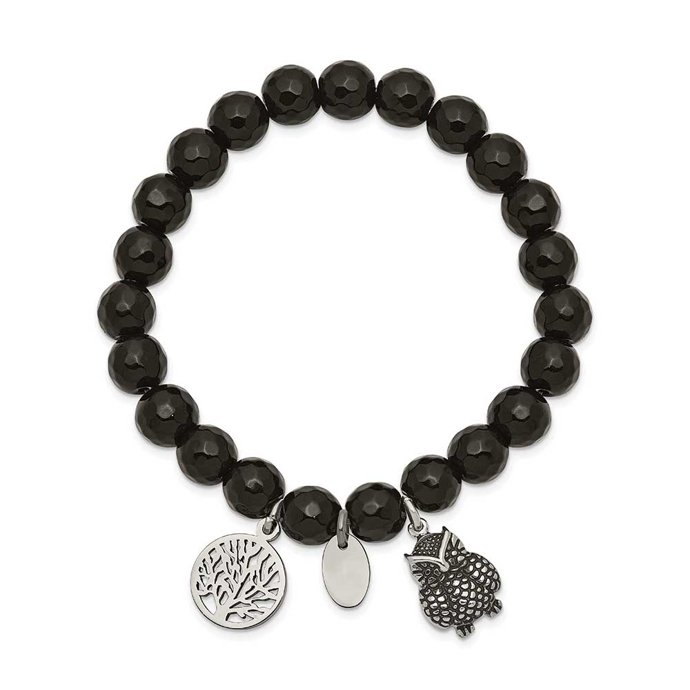 Stainless Steel Antiqued & Polished Owl Black Jade Stretch