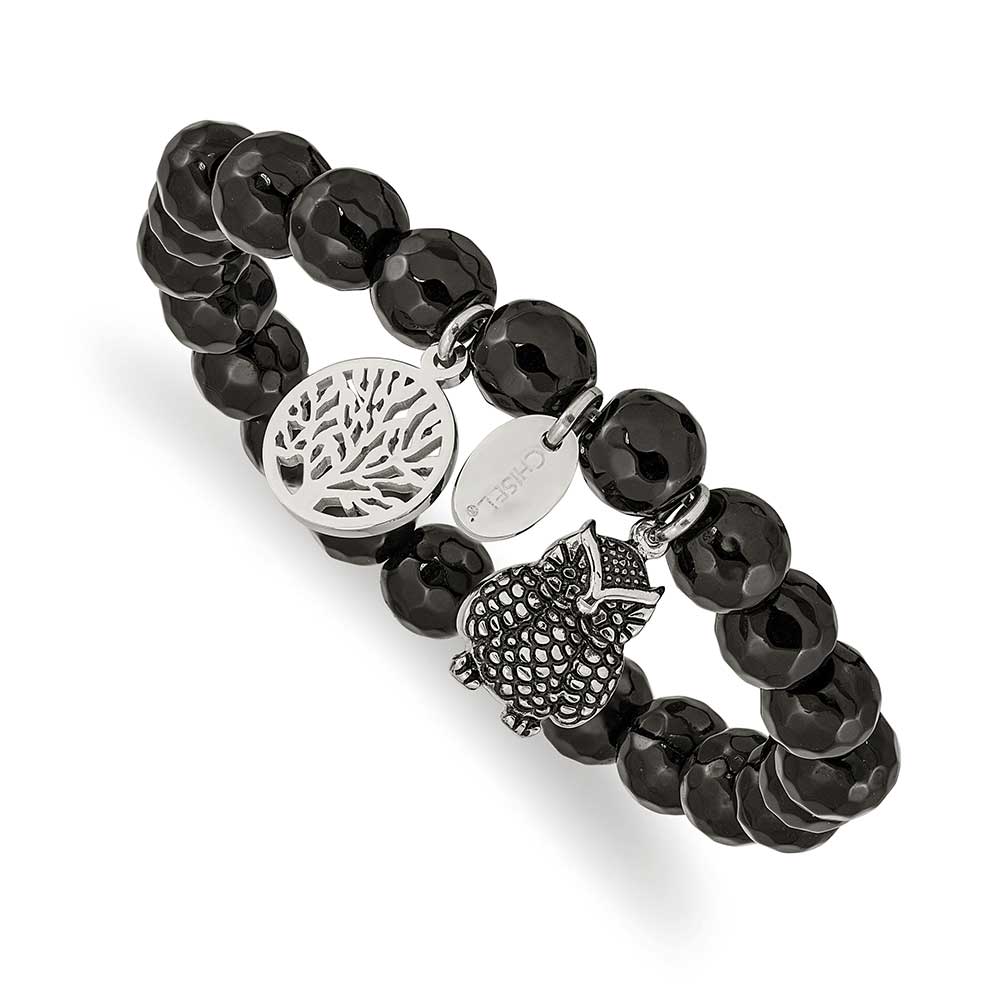 Stainless Steel Antiqued & Polished Owl Black Jade Stretch Bracelet