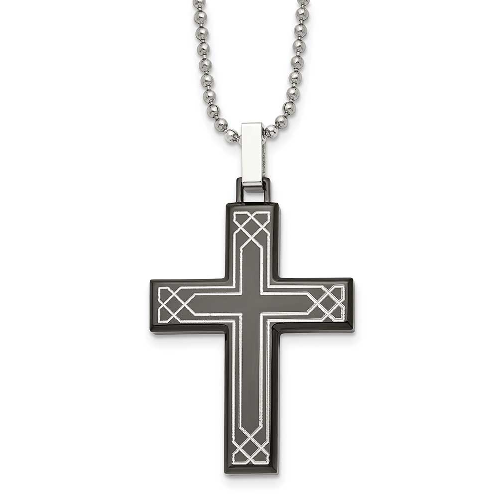 Stainless Steel Polished Laser Etched Black IP-plated Cross 24in ...