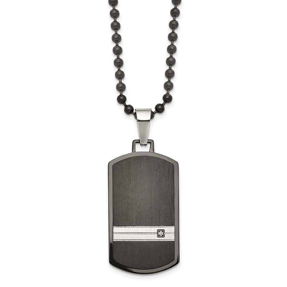 Stainless Steel Brushed and Polished Black IP w/CZ Dog Tag 24in Necklace