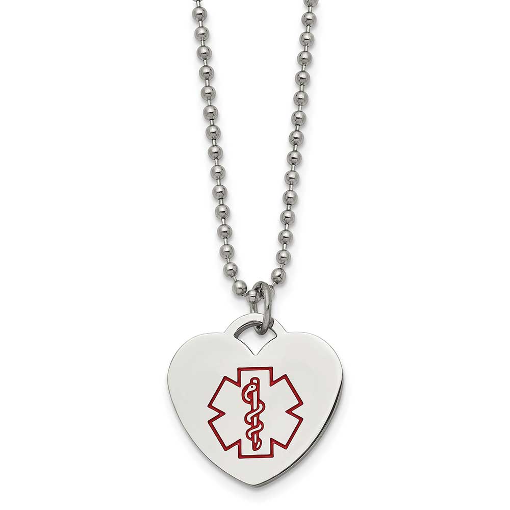 Stainless Steel Heart Shaped Medical Pendant 22in Necklace, Red