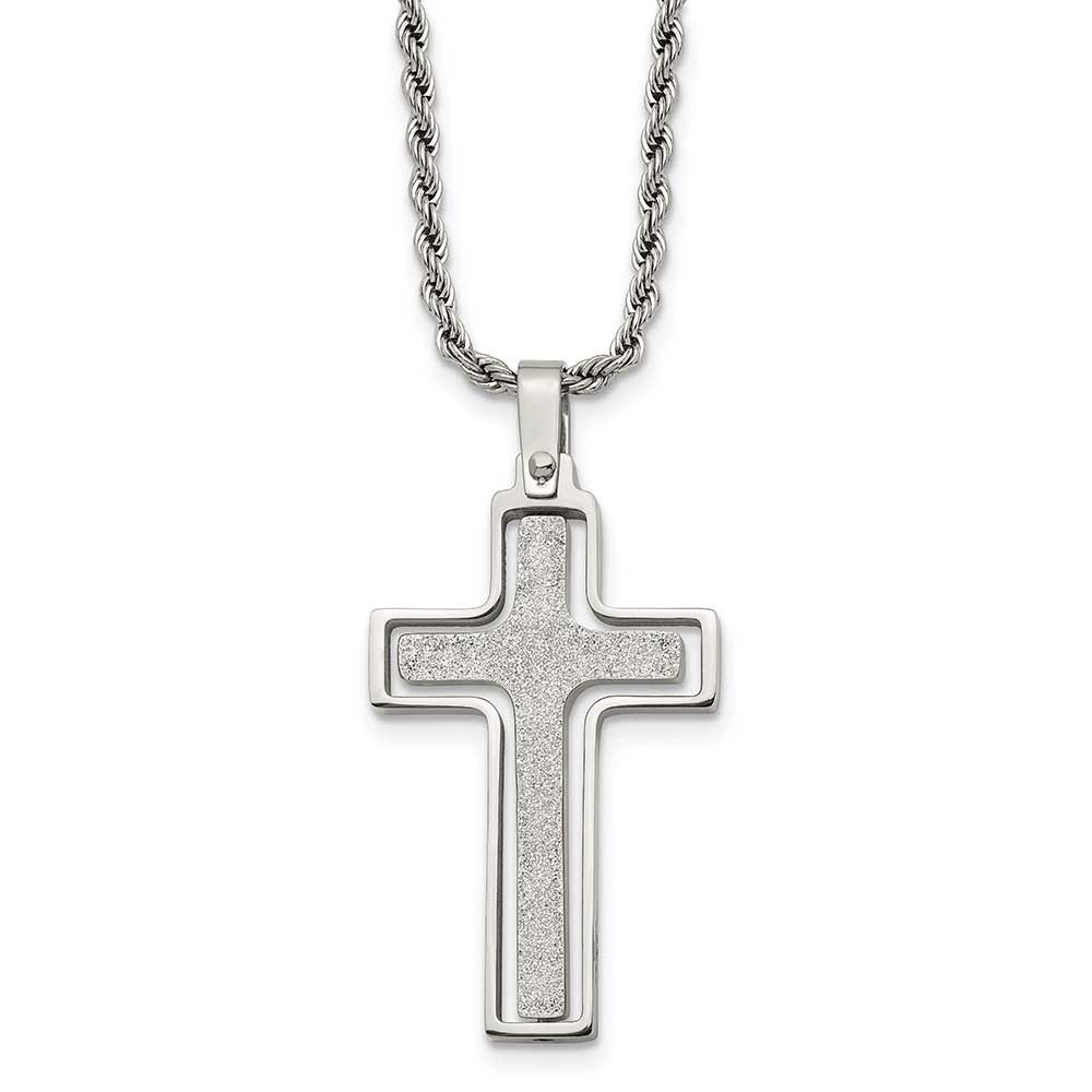 Stainless Steel Polished & Laser Cut Cross 22in Necklace: Precious 