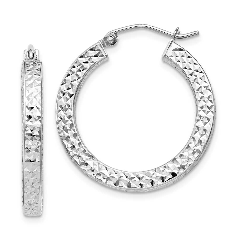 Sterling Silver Rhodium-plated Diamond-cut 3x25mm Square Tube Hoop