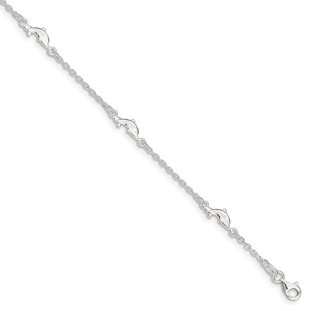 Sterling Silver Polished Dolphin 9in Plus 1in Ext. Anklet