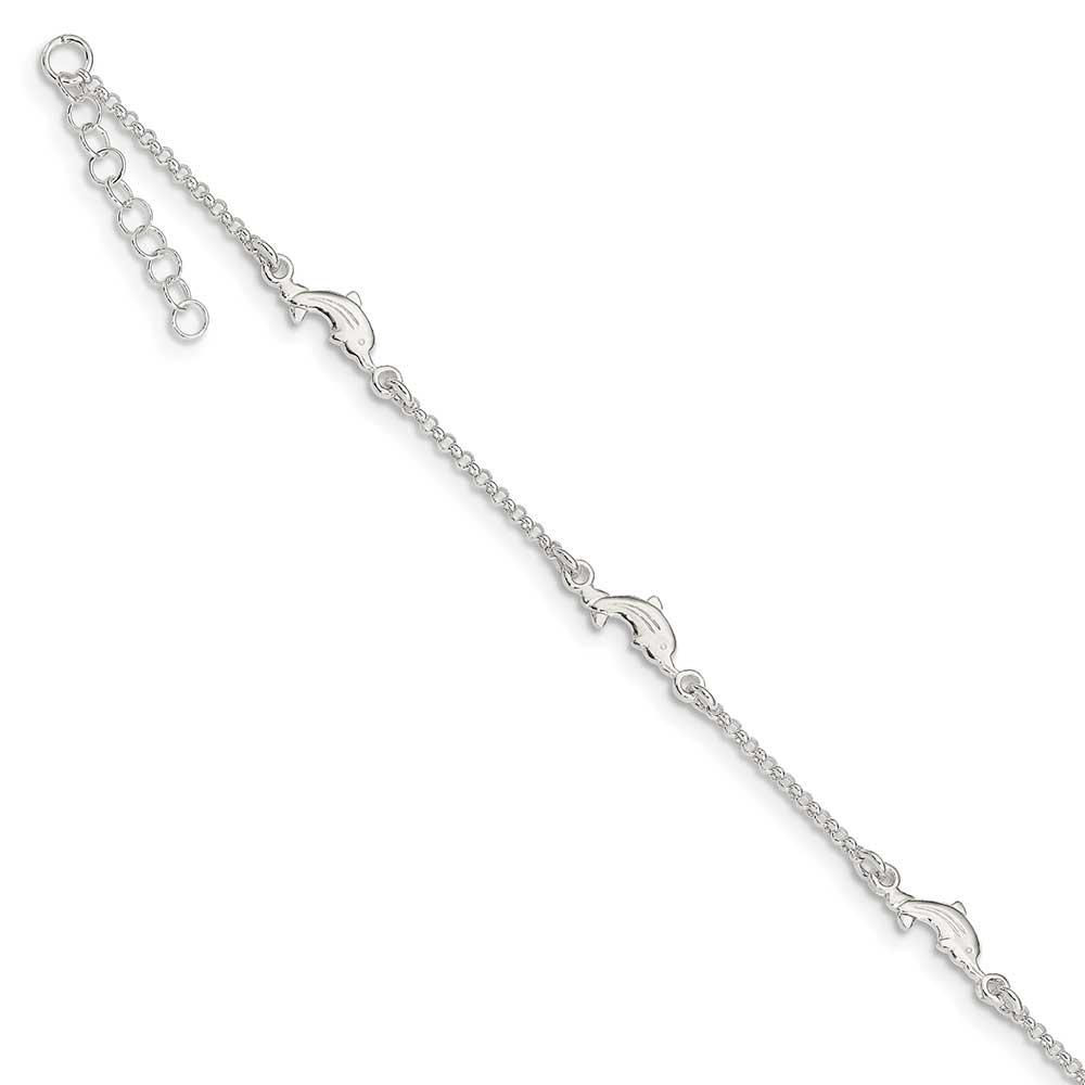 Sterling Silver Polished Dolphin 9in Plus1in Ext. Anklet