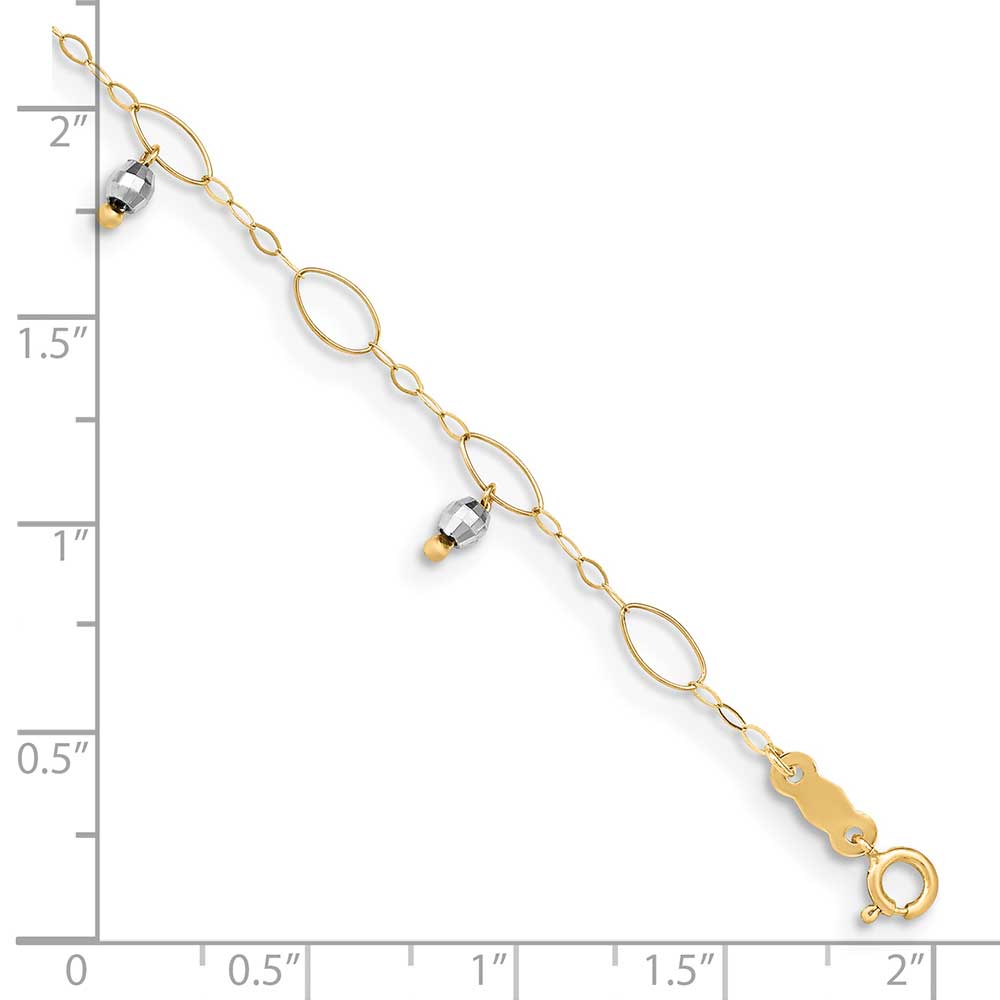 14K Two-Tone Mirror Beaded 9in Plus 1in ext. Anklet: Precious