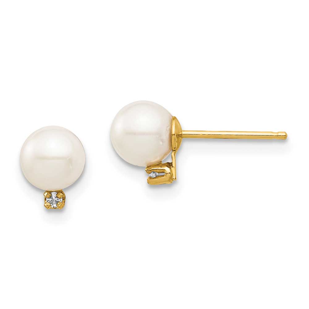 14K Madi K 5-6mm White Round FW Cultured Pearl .02ct Diamond Post Earrings