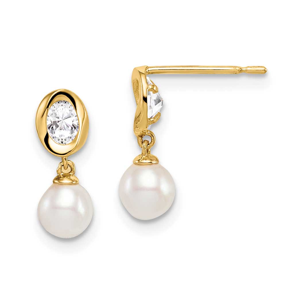 14K Madi K White Freshwater Cultured Pearl CZ Dangle Post Earrings