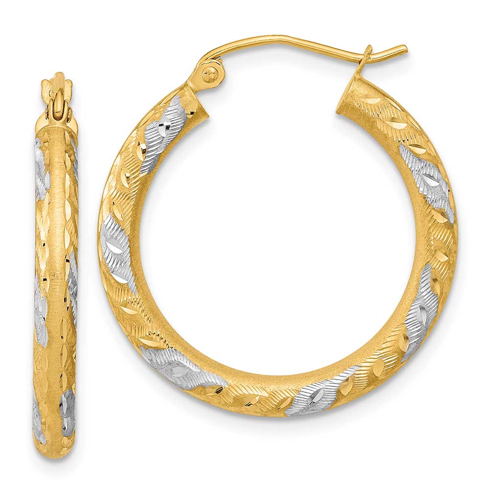 14k White Rhodium Diamond-cut Satin Hoop Earrings: Precious Accents, Ltd.