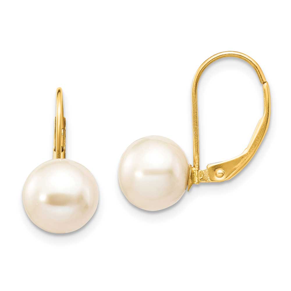 14K 8-9mm White Round Freshwater Cultured Pearl Leverback Earrings ...