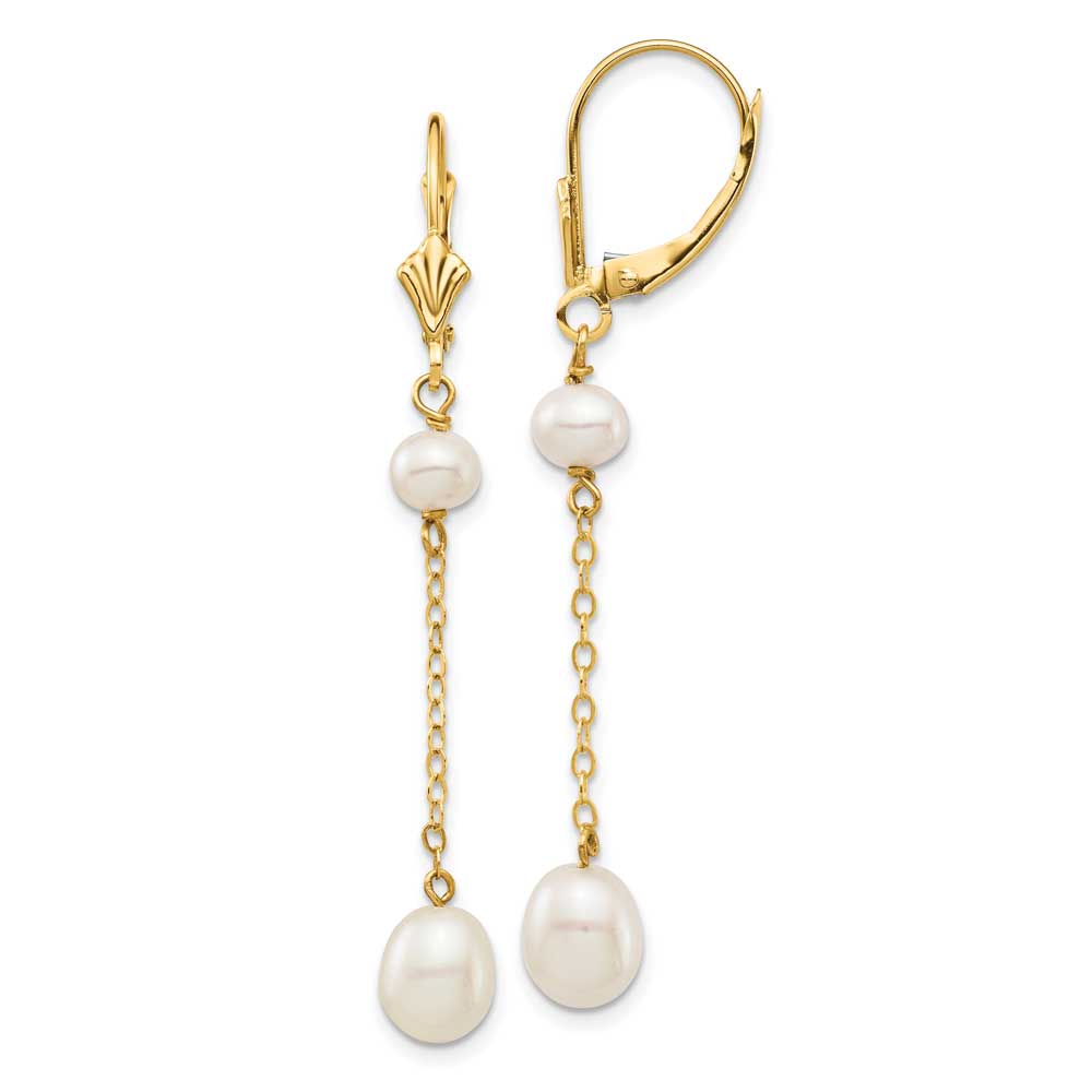 14K 5-7mm White Rice Freshwater Cultured Pearl Leverback Earrings