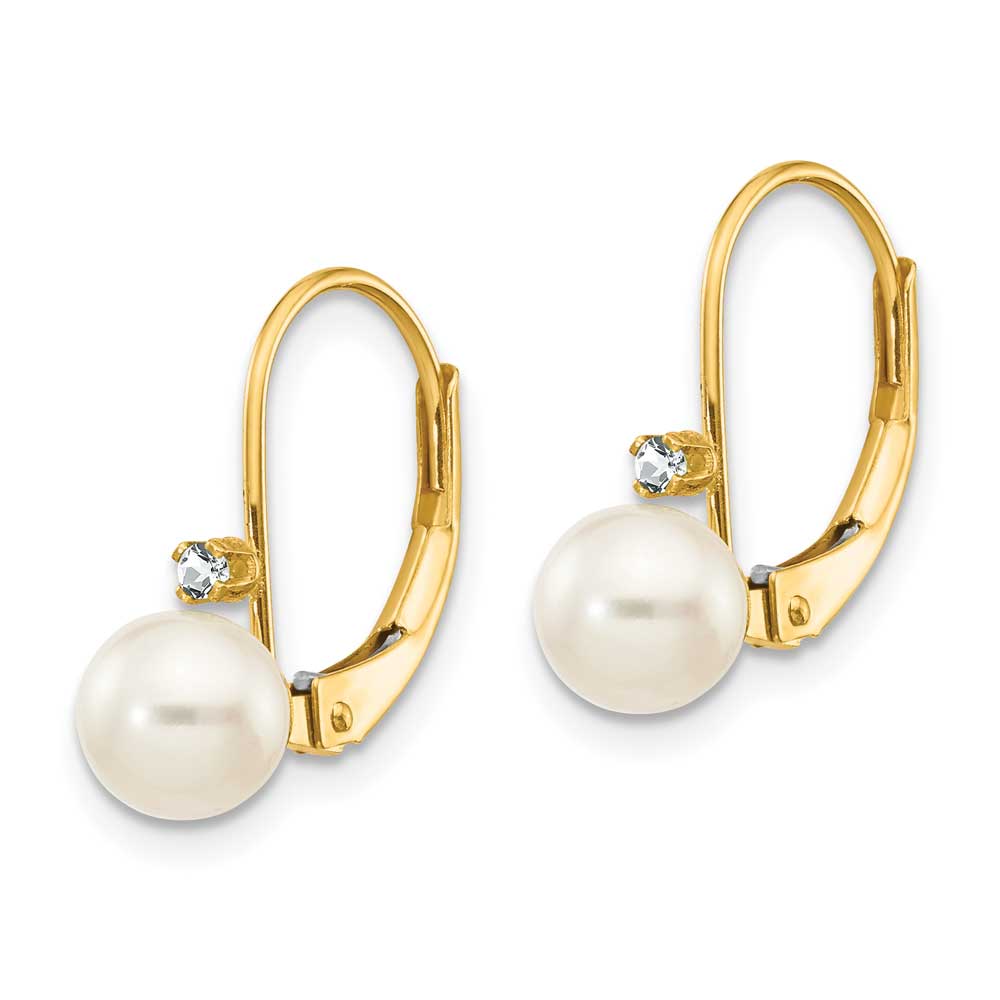 14K White Gold Freshwater Pearl and Pavé Diamond Leverback Earrings