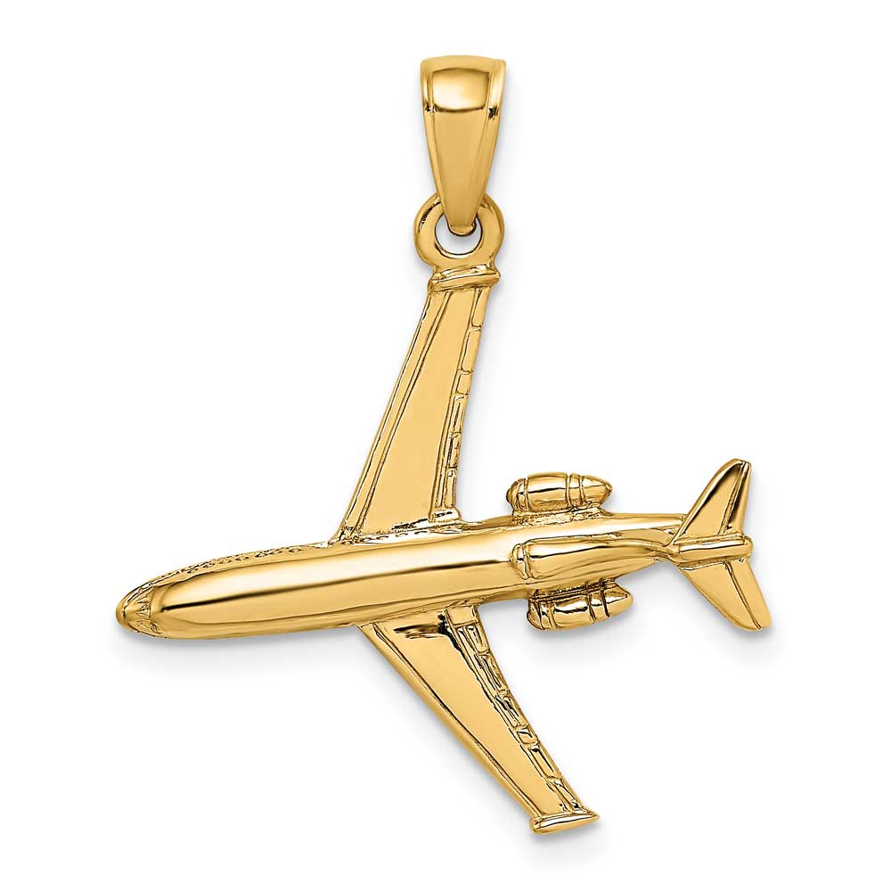 14K Yellow Gold 3D Vertical Airplane Jet Aircraft Pendant Necklace