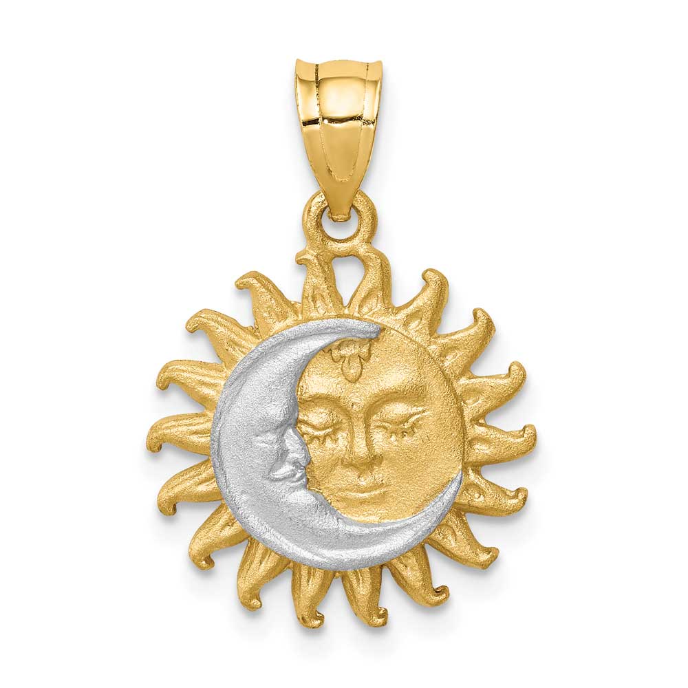 14K White Gold Rhodium Brushed Sun and Moon Pendant