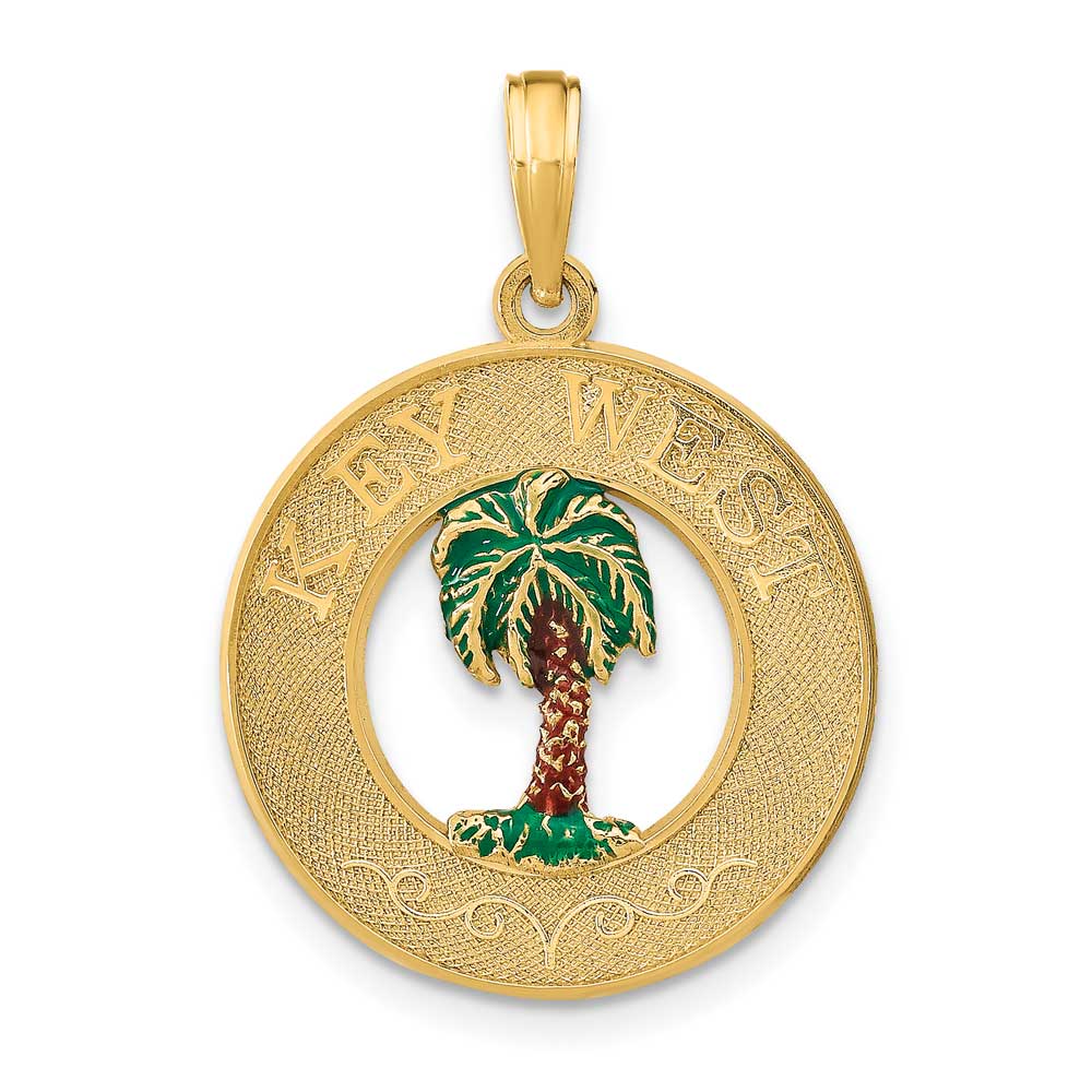 14K Gold KEY WEST Enameled Palm Tree Circle Charm: Precious Accents, Ltd.