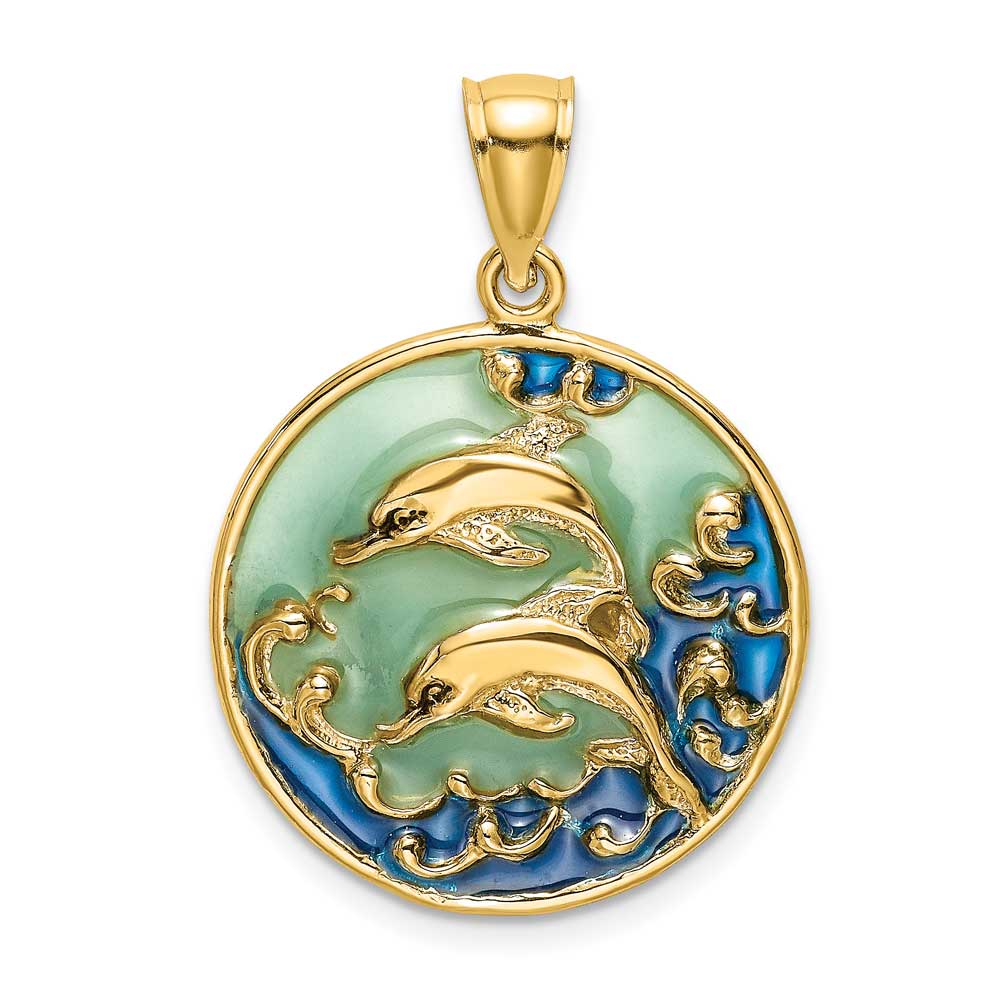 14K Gold 2D Dolphins with Blue Enameled Charm: Precious Accents, Ltd.